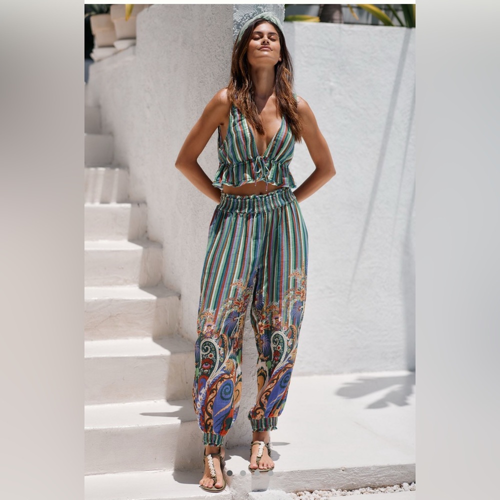 NWOT ANTHROPOLOGIE Smocked Pants Set Cropped Tank Lounge Outfit Harem Pant